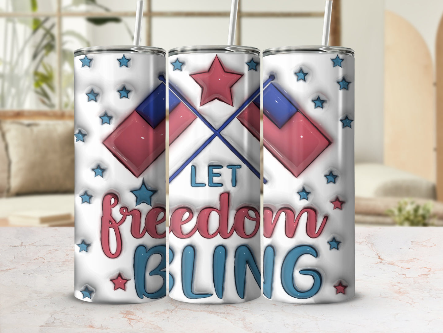 Red, white, and blue tumblers with stars and crossed flags, "Let Freedom Bling" text.