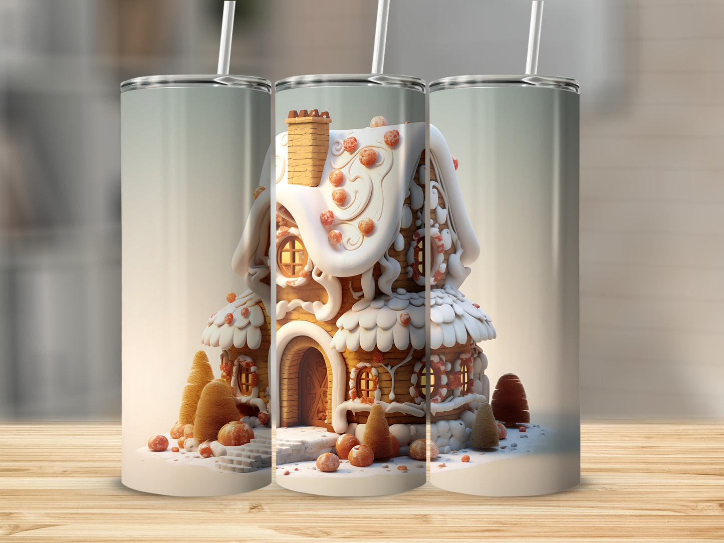 Gingerbread house with snow and candy, on a wooden surface.