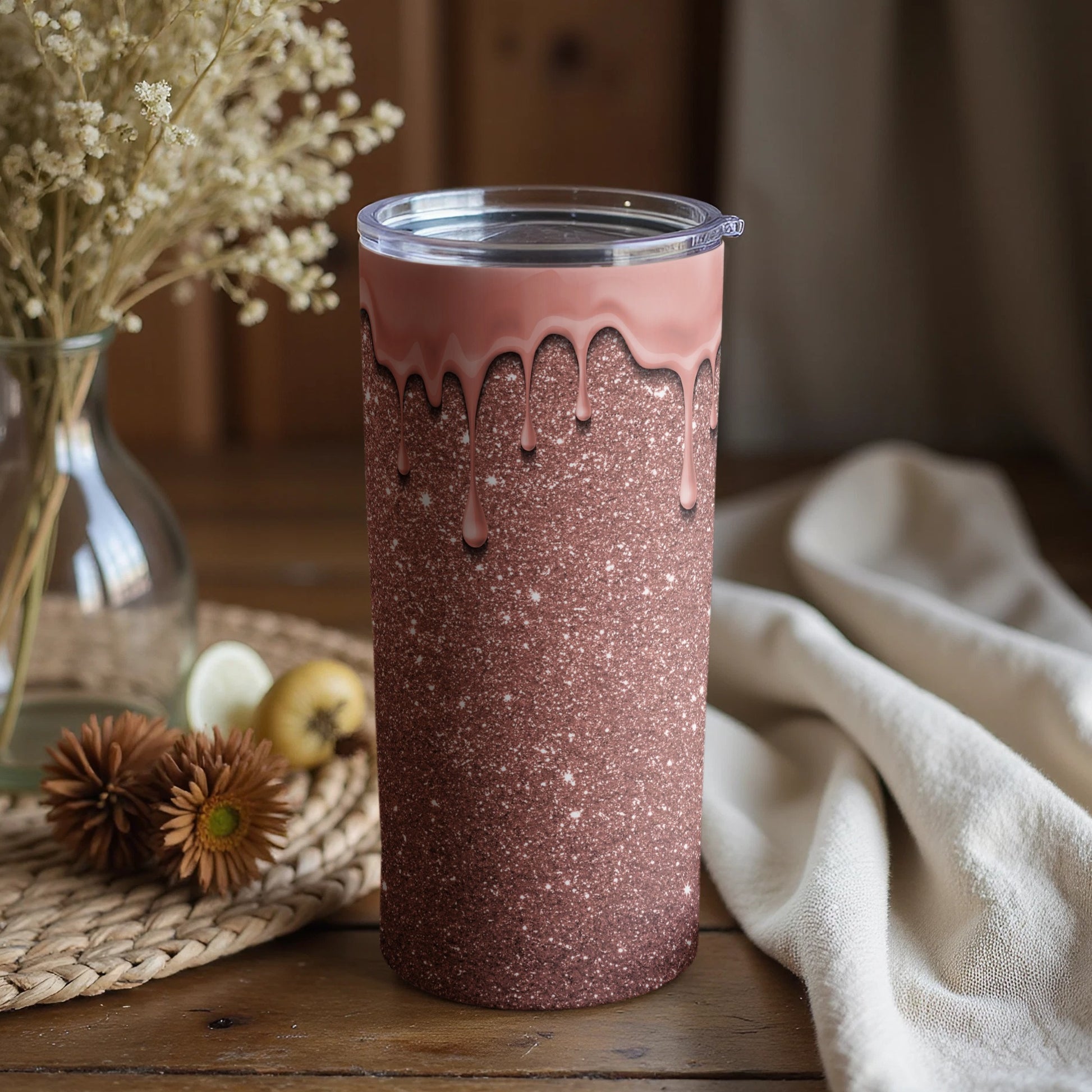 Glittering Rose Gold Drip Tumbler with Lid