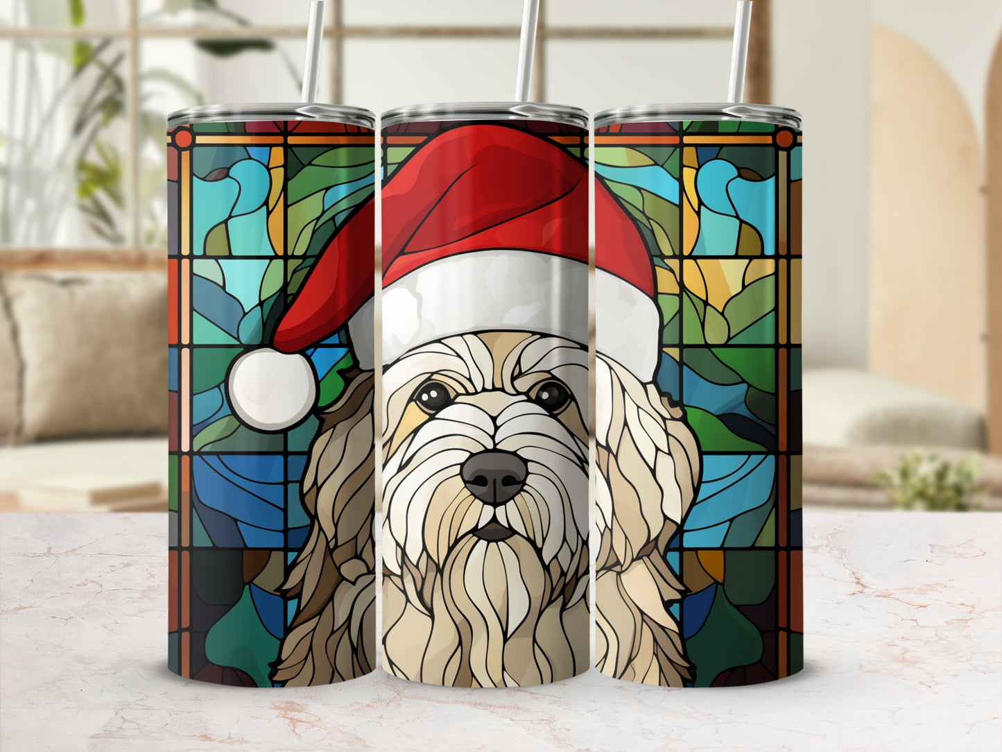 Goldendoodle wearing a Santa hat against a stained glass background.