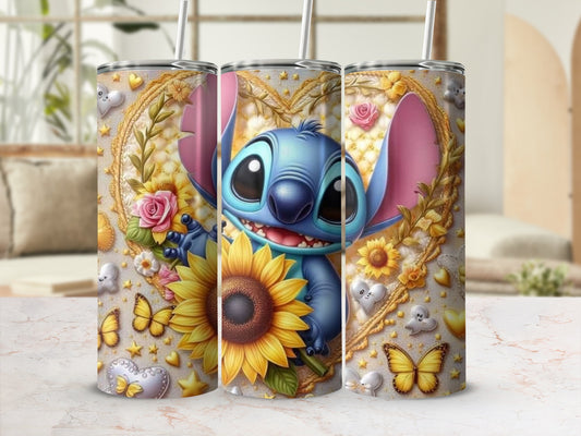 Adorable Blue Alien Cartoon with Floral Background tumbler