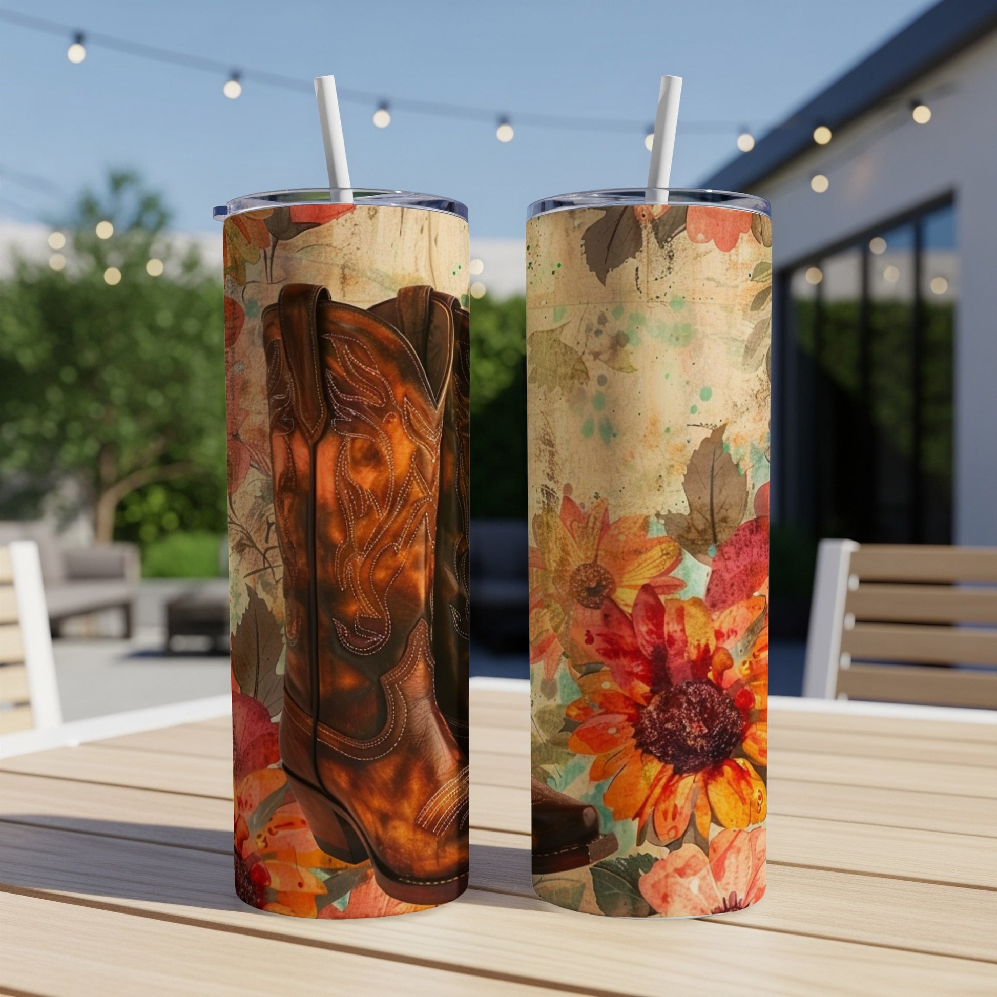 Brown leather cowboy boots on a colorful floral pattern tumbler.