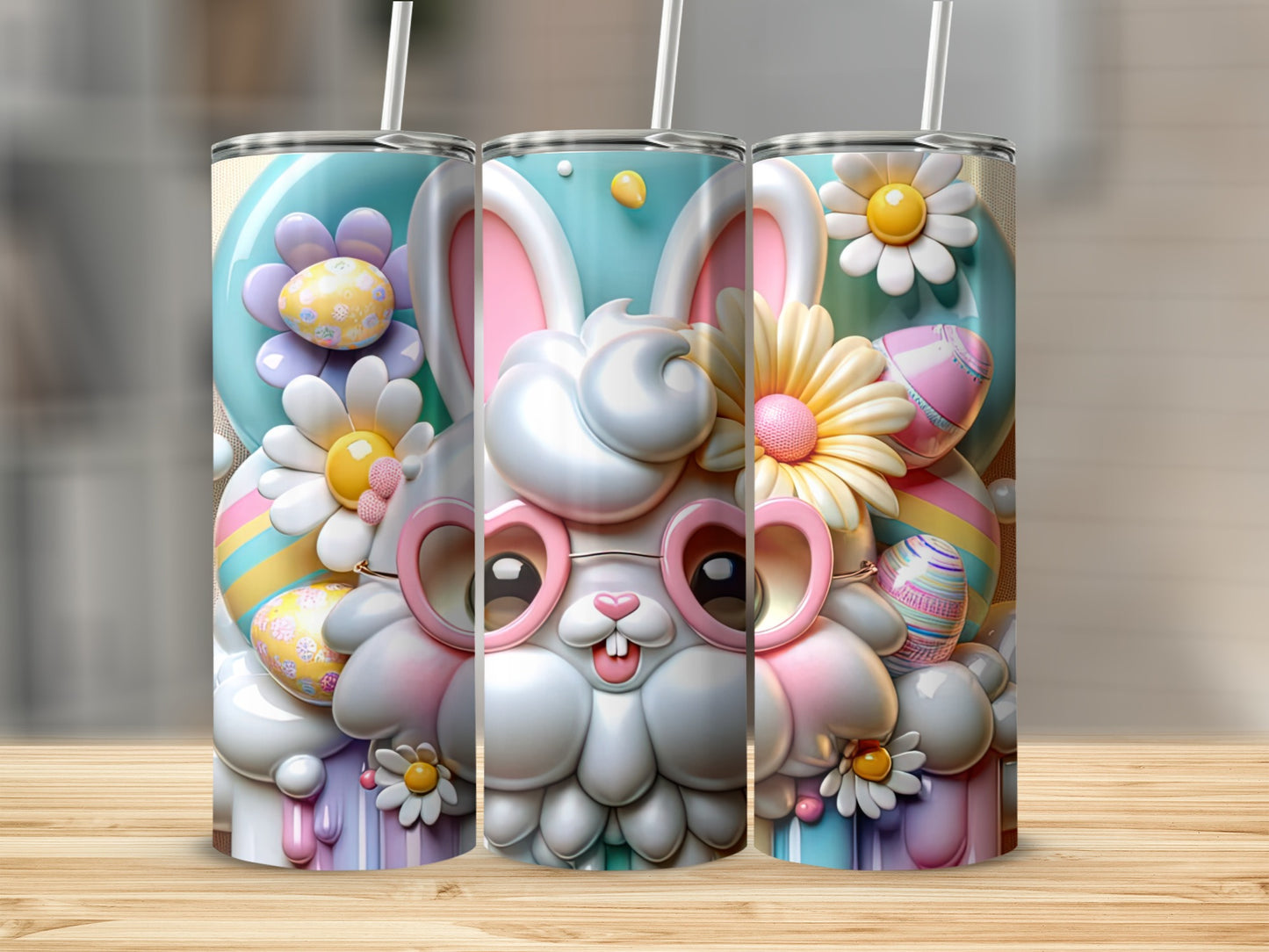 Easter bunny with glasses, decorated Easter eggs, and flowers on a tumbler.