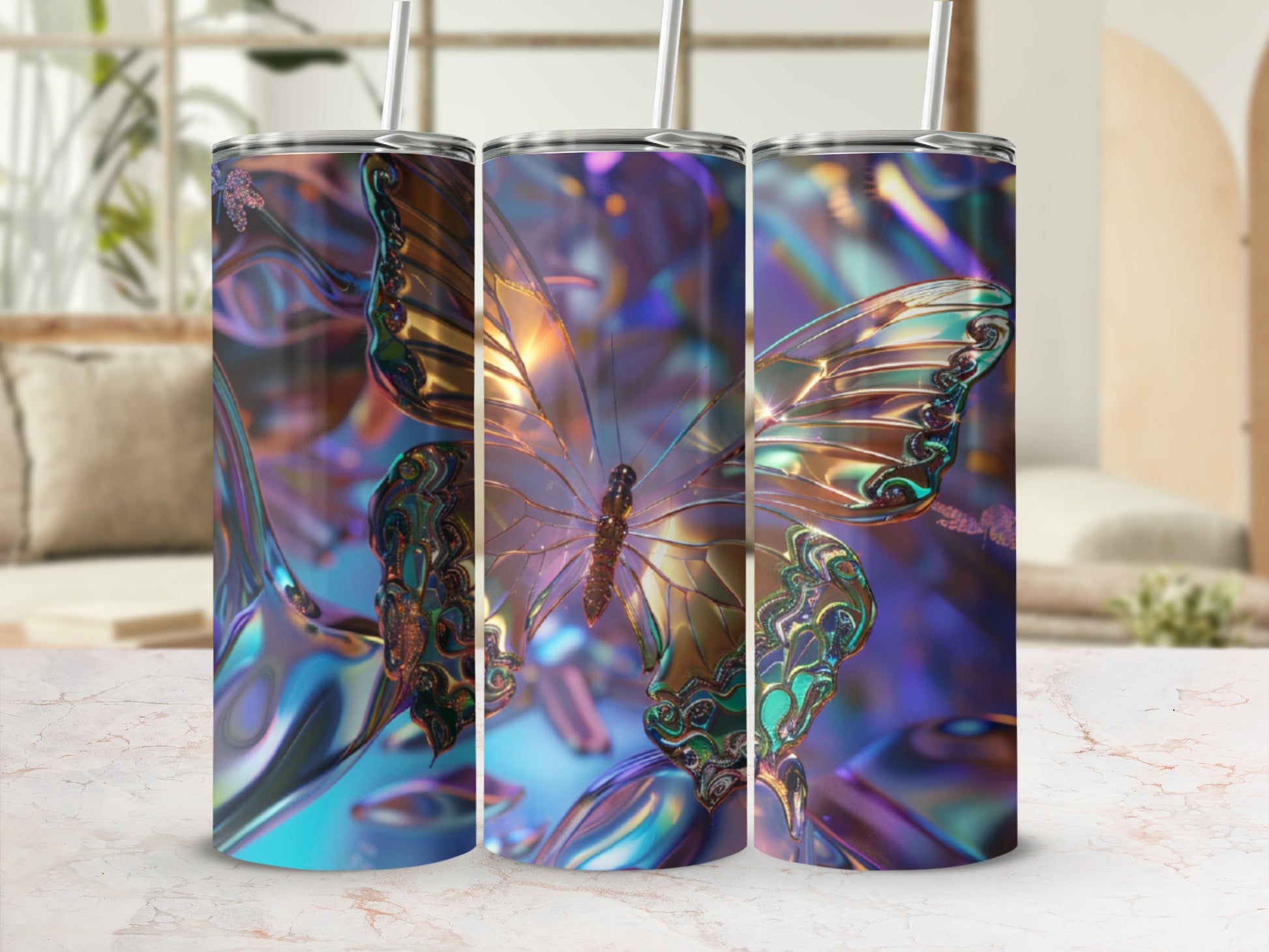 Three tumblers with iridescent butterfly designs, set against a blurred background.