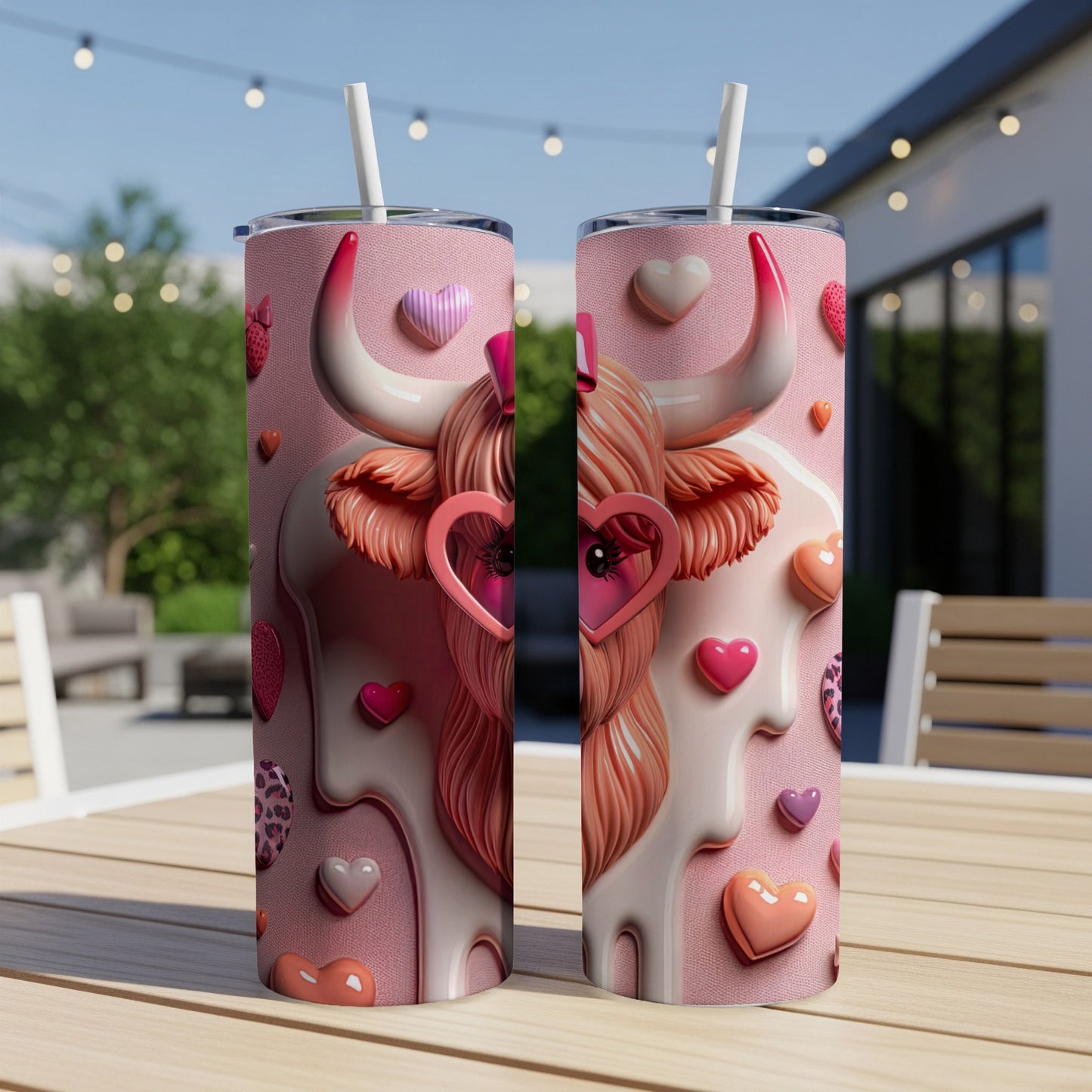 Pink cow tumbler with hearts and sunglasses on a table.