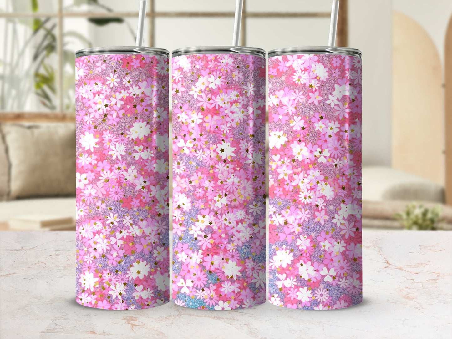 Pink Floral Pattern Tumbler with Straw