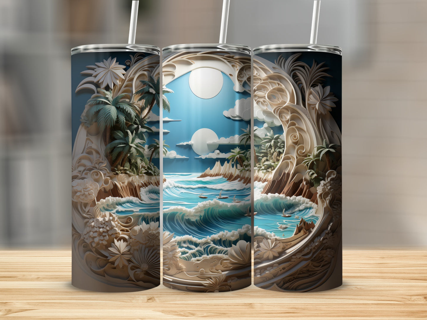 Triptych of a tropical beach scene with palm trees and ocean waves on tumblers.