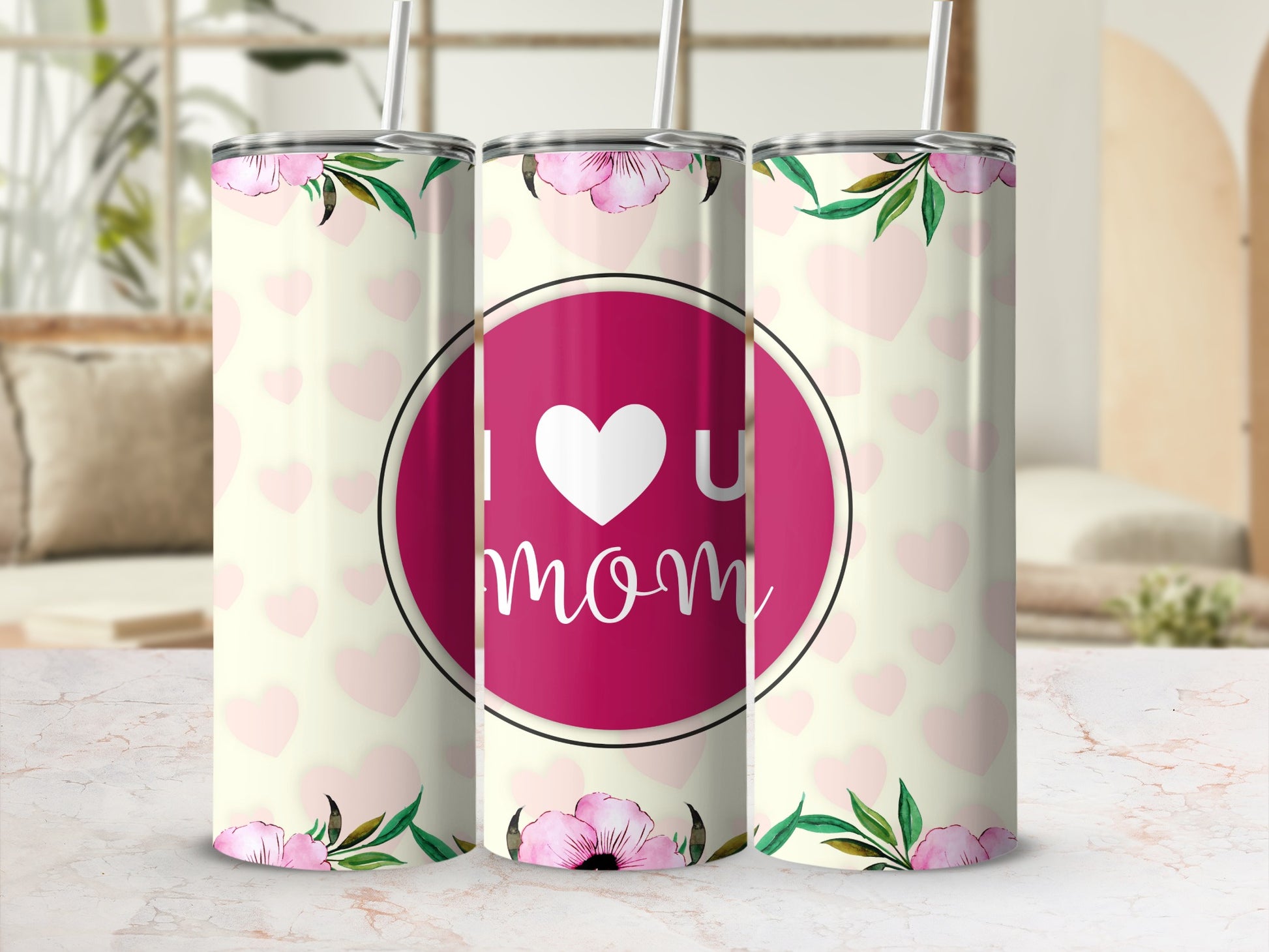 I Love You Mom Floral Heart Design Tumbler Cup