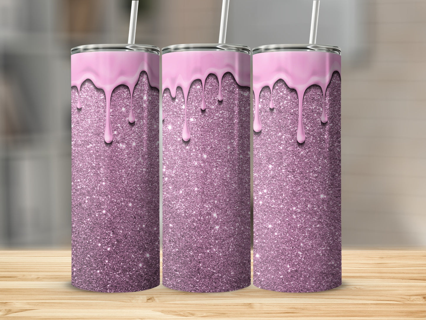 Pink Glitter Tumbler with Dripping Paint Design