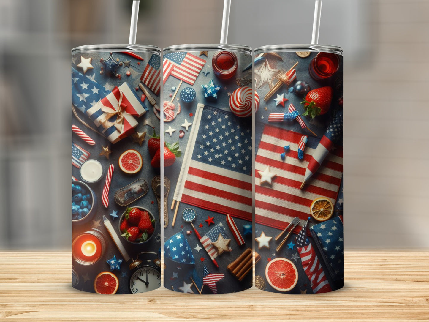 Three tumblers decorated with American flag patterns and festive Fourth of July imagery.
