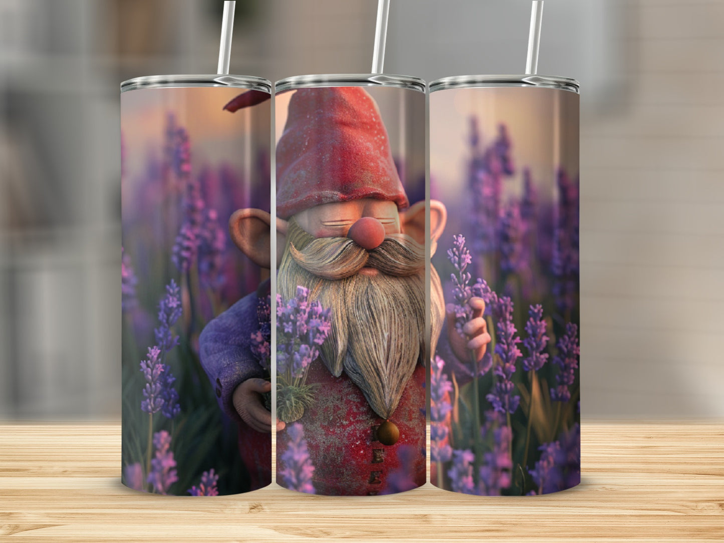 Gnome holding lavender in a field of flowers.