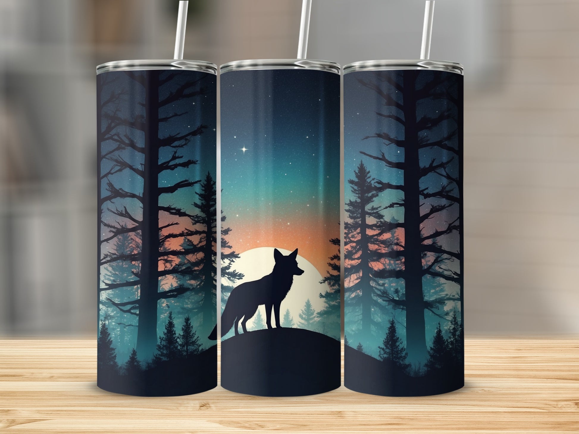 Triptych of tumblers showing a silhouette of a fox against a sunset forest scene.