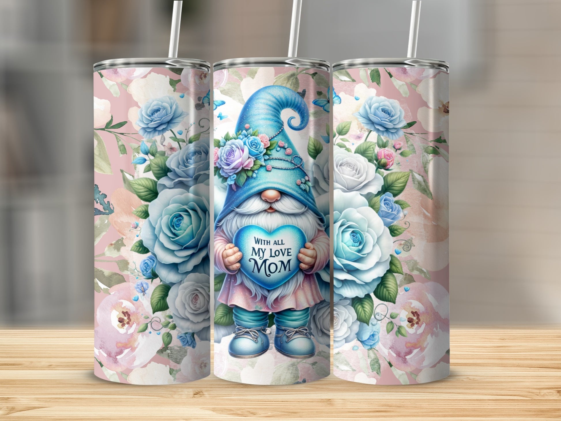 Cute Mother's Day Gnome and Rose Floral Pattern Tumbler