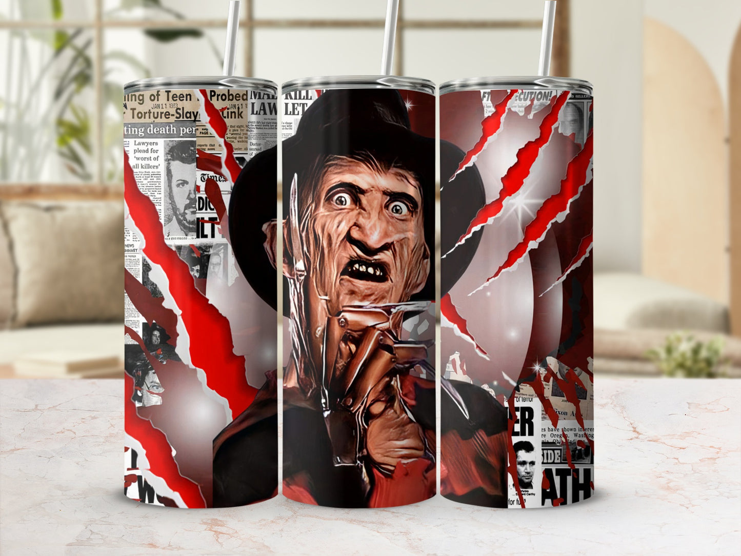 Freddy Krueger with newspaper clippings and red scratch marks.