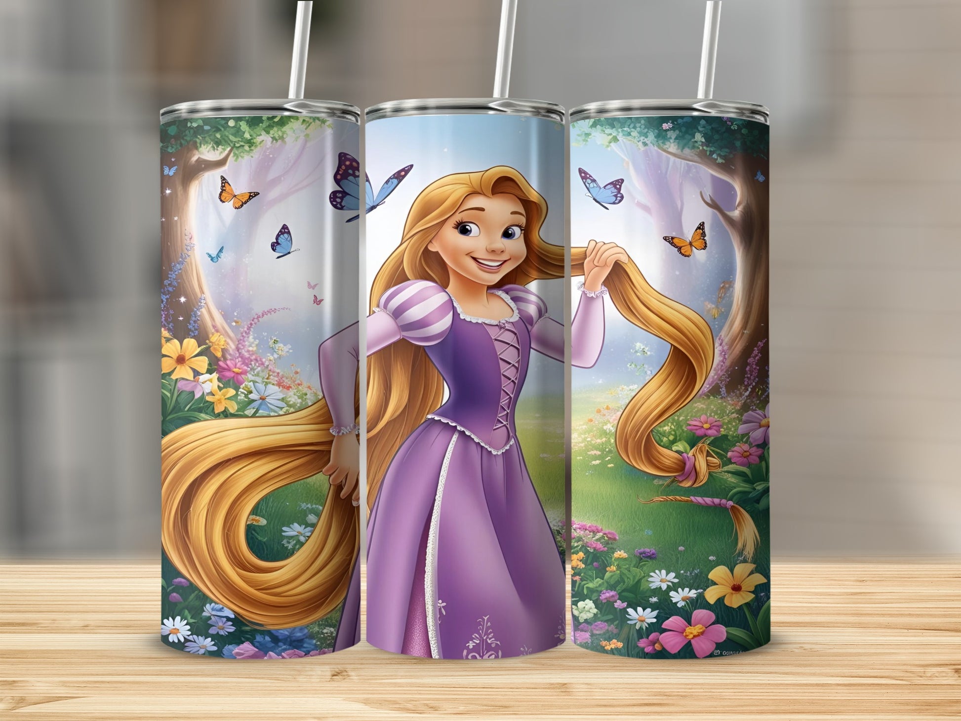 Rapunzel with long blonde hair in a purple dress in a magical forest.