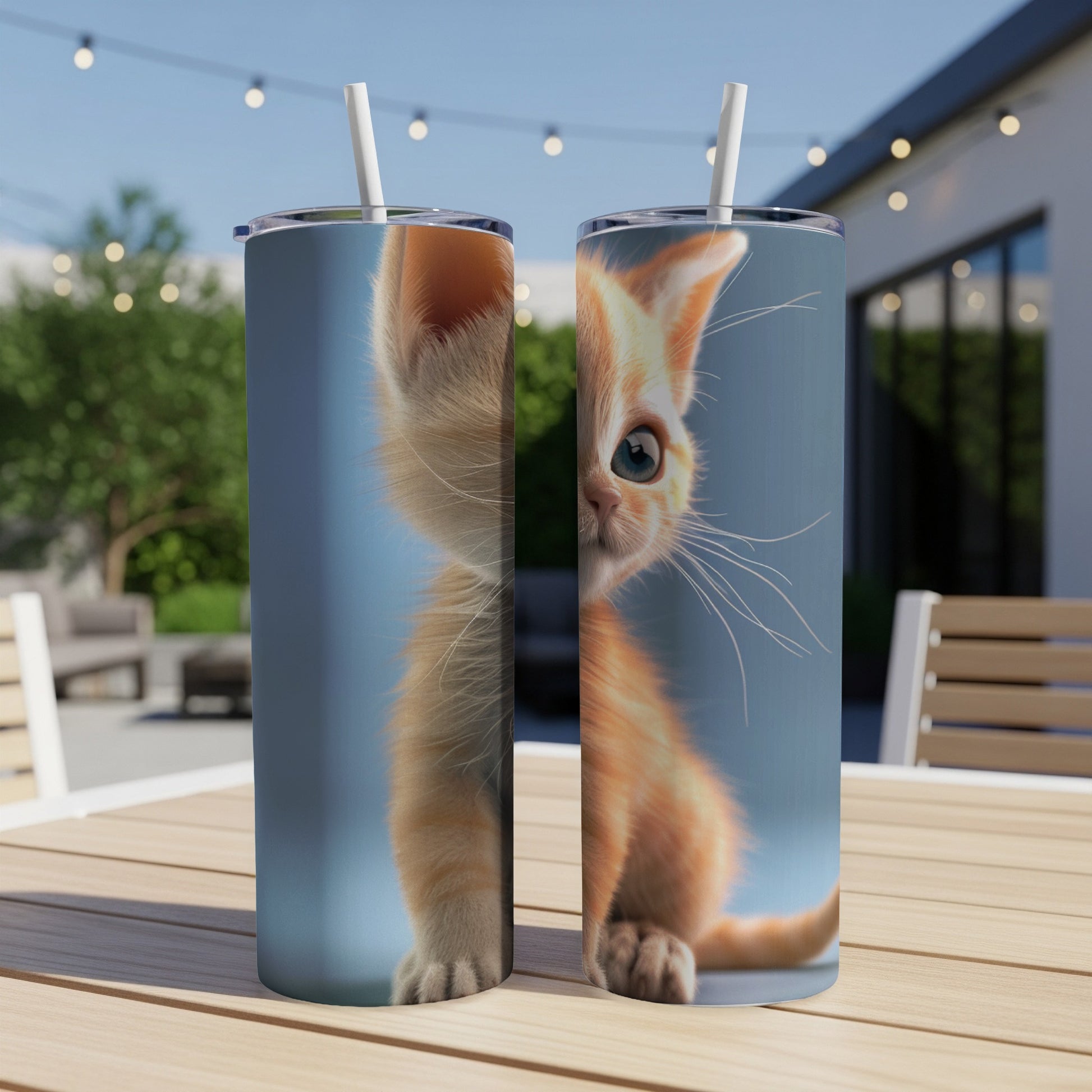 Orange kitten peeking from behind a tumbler, outdoor setting.
