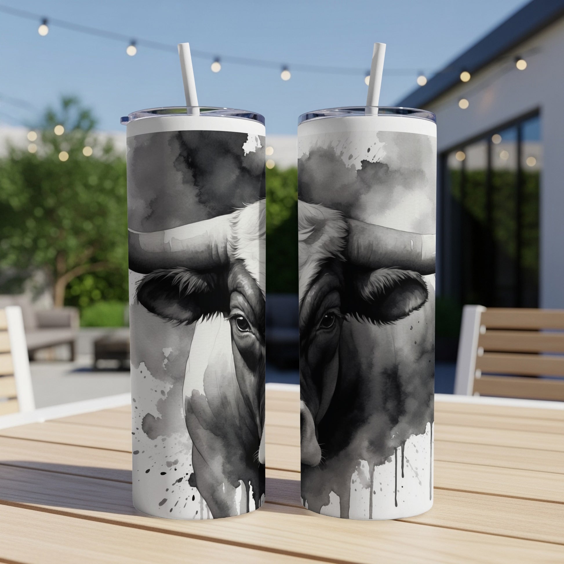 Black and white watercolor bull artwork on two tumblers.