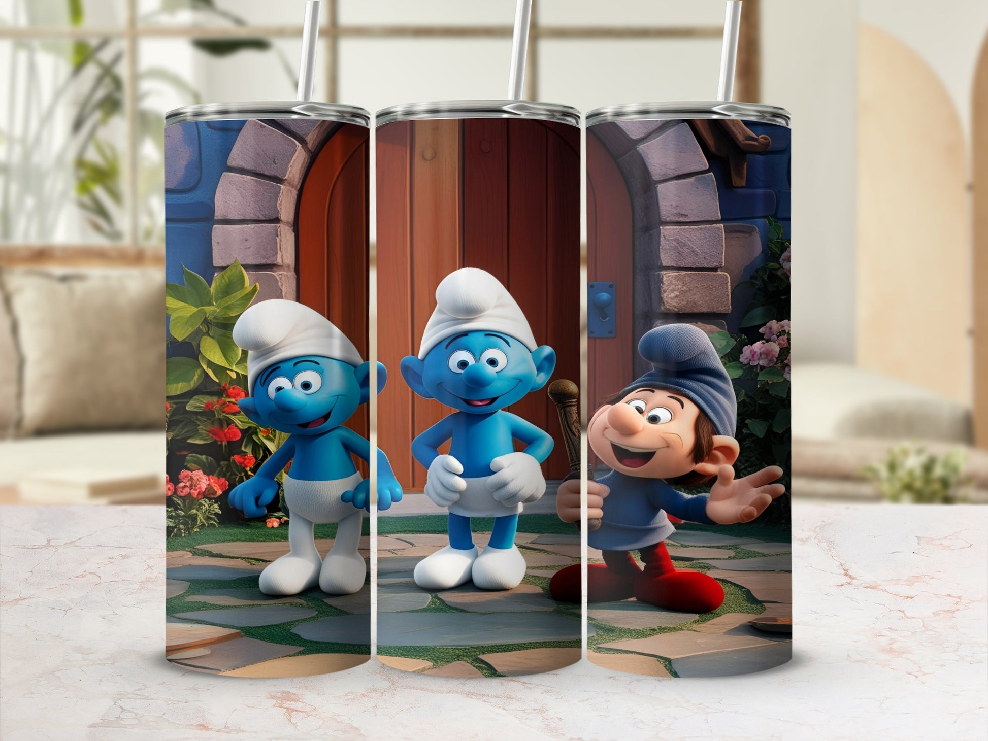 Three Smurfs standing in front of a wooden door with a cobblestone path.