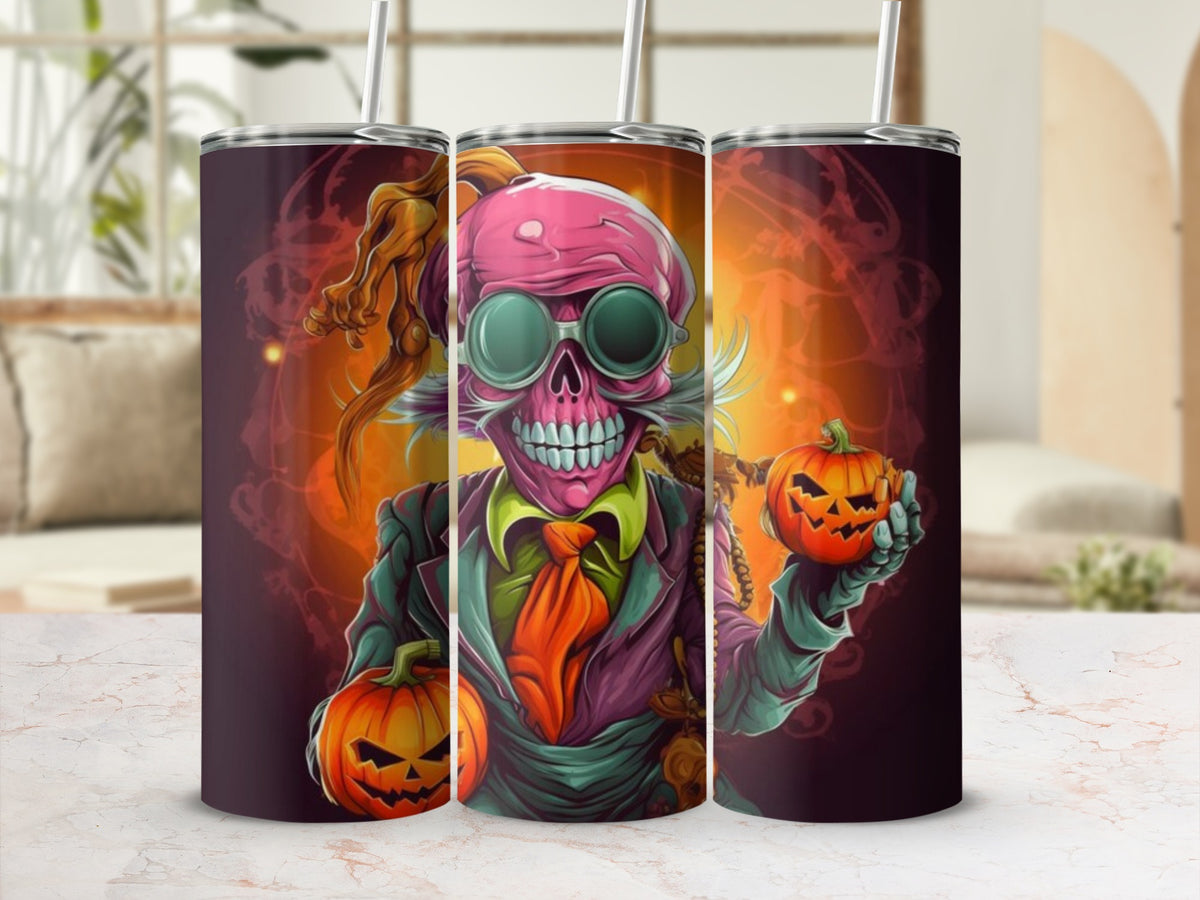 Three tumblers featuring a cartoon skeleton with pumpkins, sunglasses, and a pink bandana.