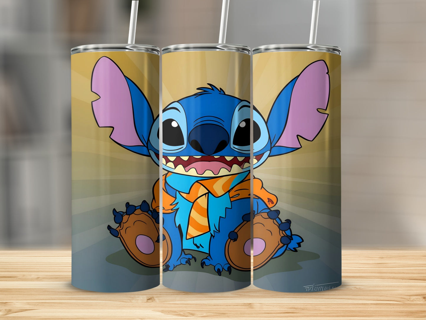 Three tumblers featuring a cartoon character resembling Stitch with an orange scarf.
