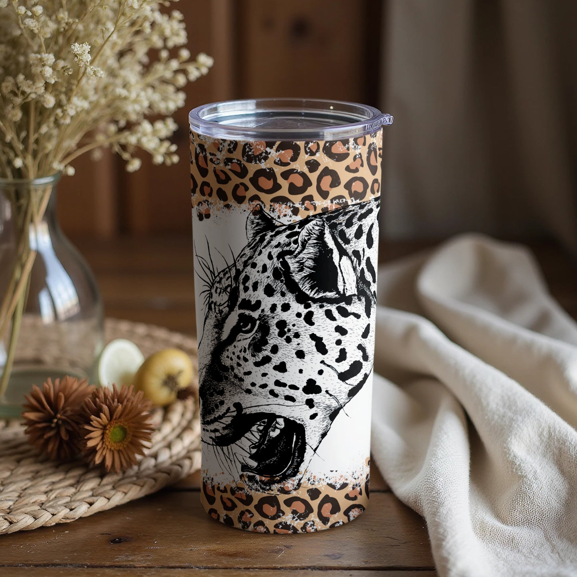 Leopard Print Tumbler with Roaring Cheetah Design