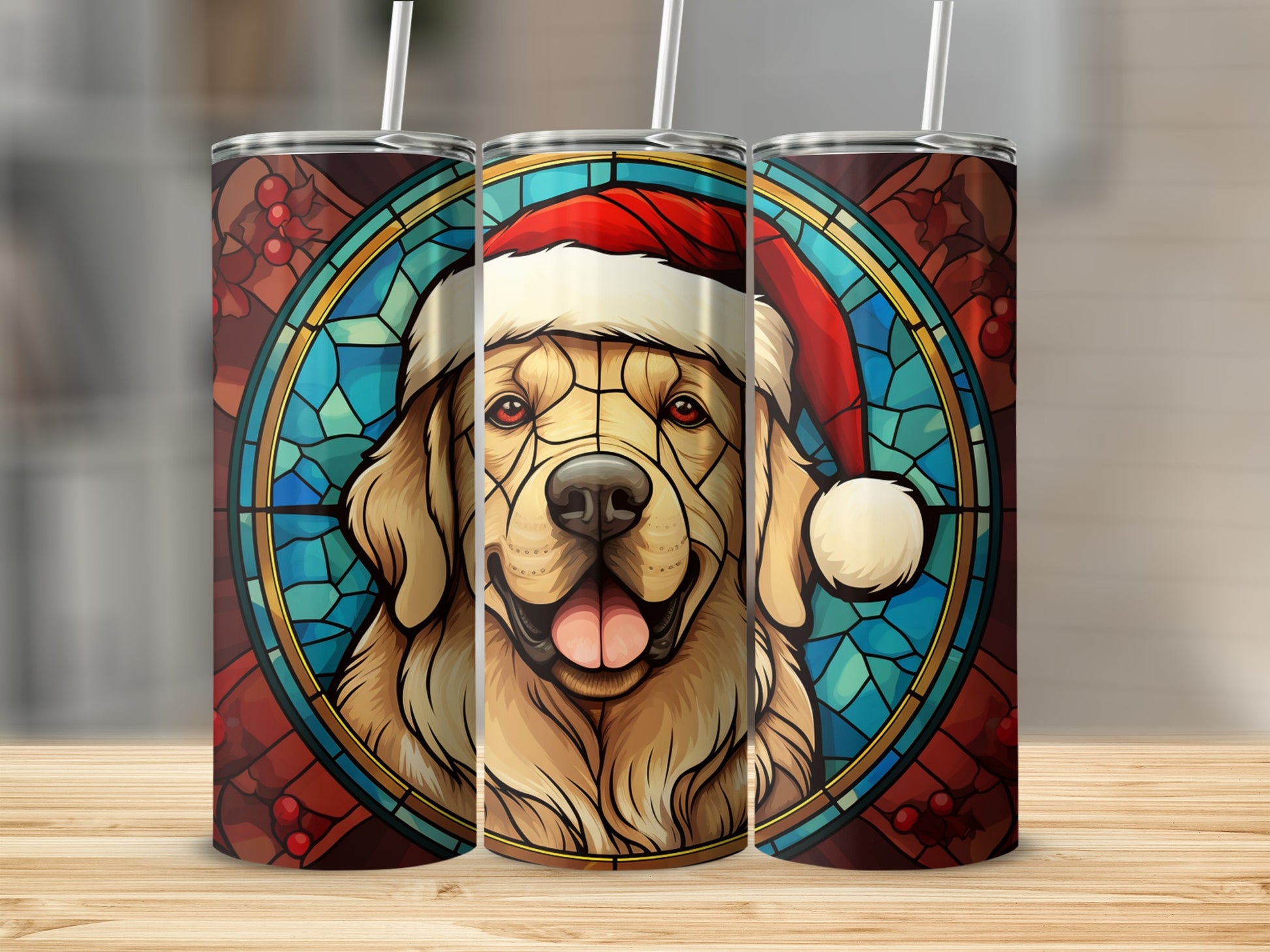 Golden Retriever in Santa hat, depicted in stained glass style on a tumbler.