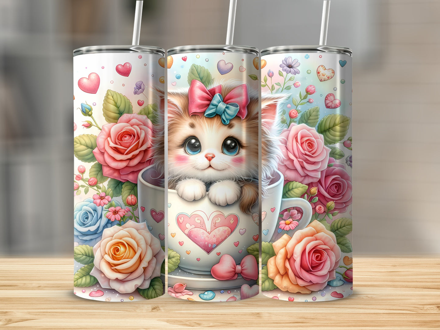Cute kitten in teacup with roses and hearts design.