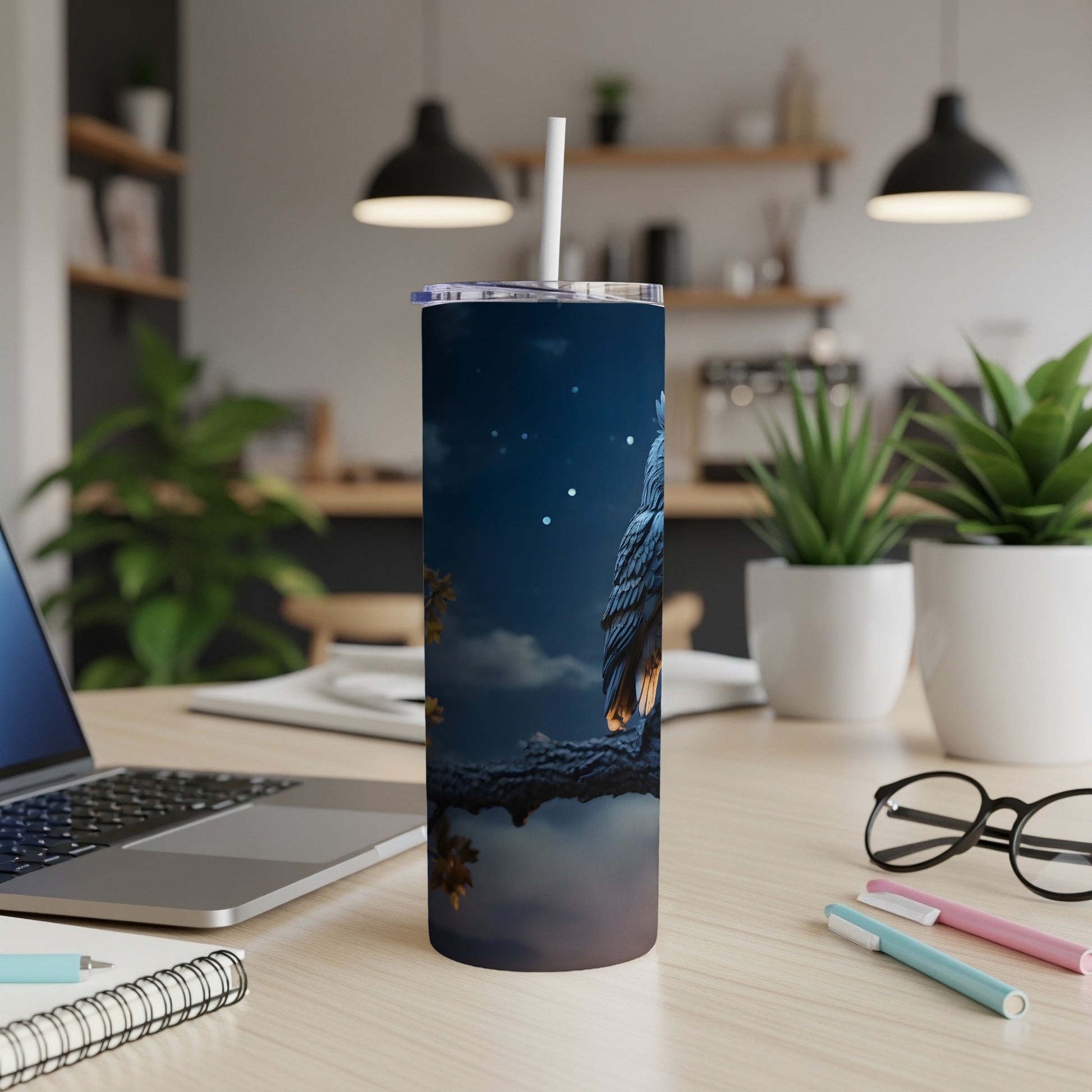 Owl on branch under starry night sky on a tumbler with straw.