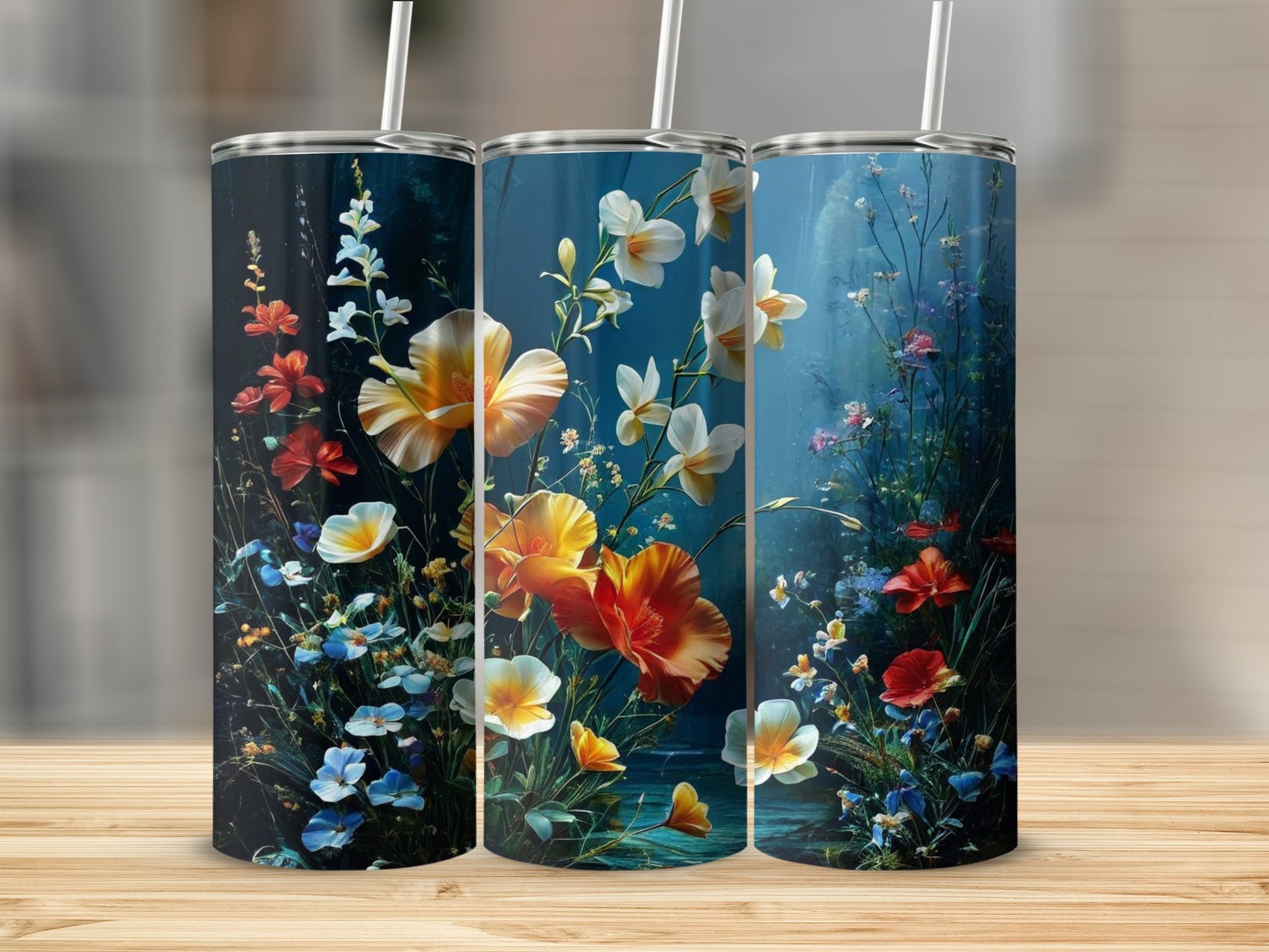 Three tumblers featuring colorful wildflowers on a dark blue background.