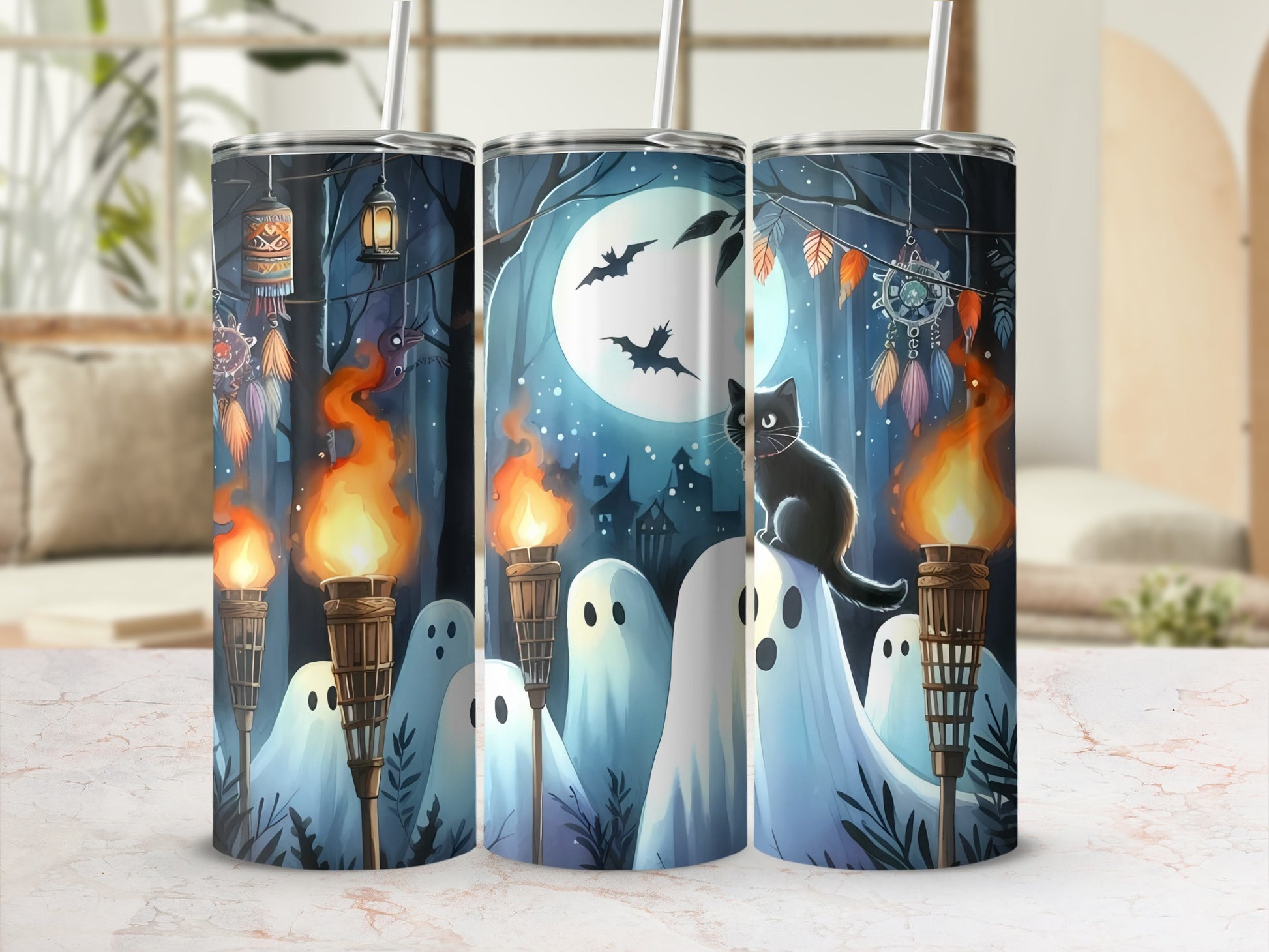 Spooky Ghosts and Cat Halloween Tumbler for Festive Fun