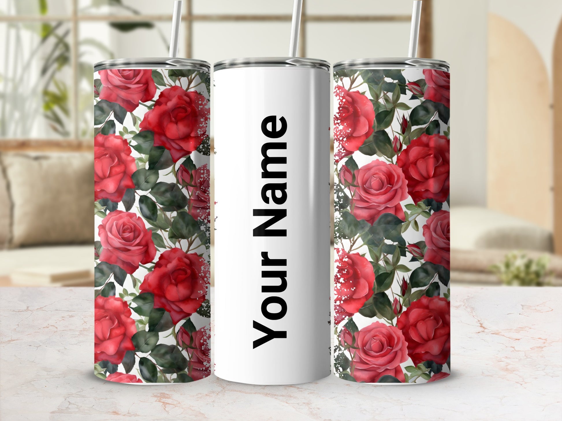 Personalized Red Floral Tumbler with Custom Name