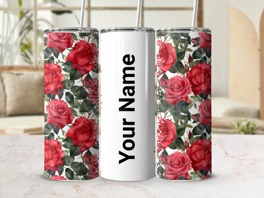 Personalized Red Floral Tumbler with Custom Name