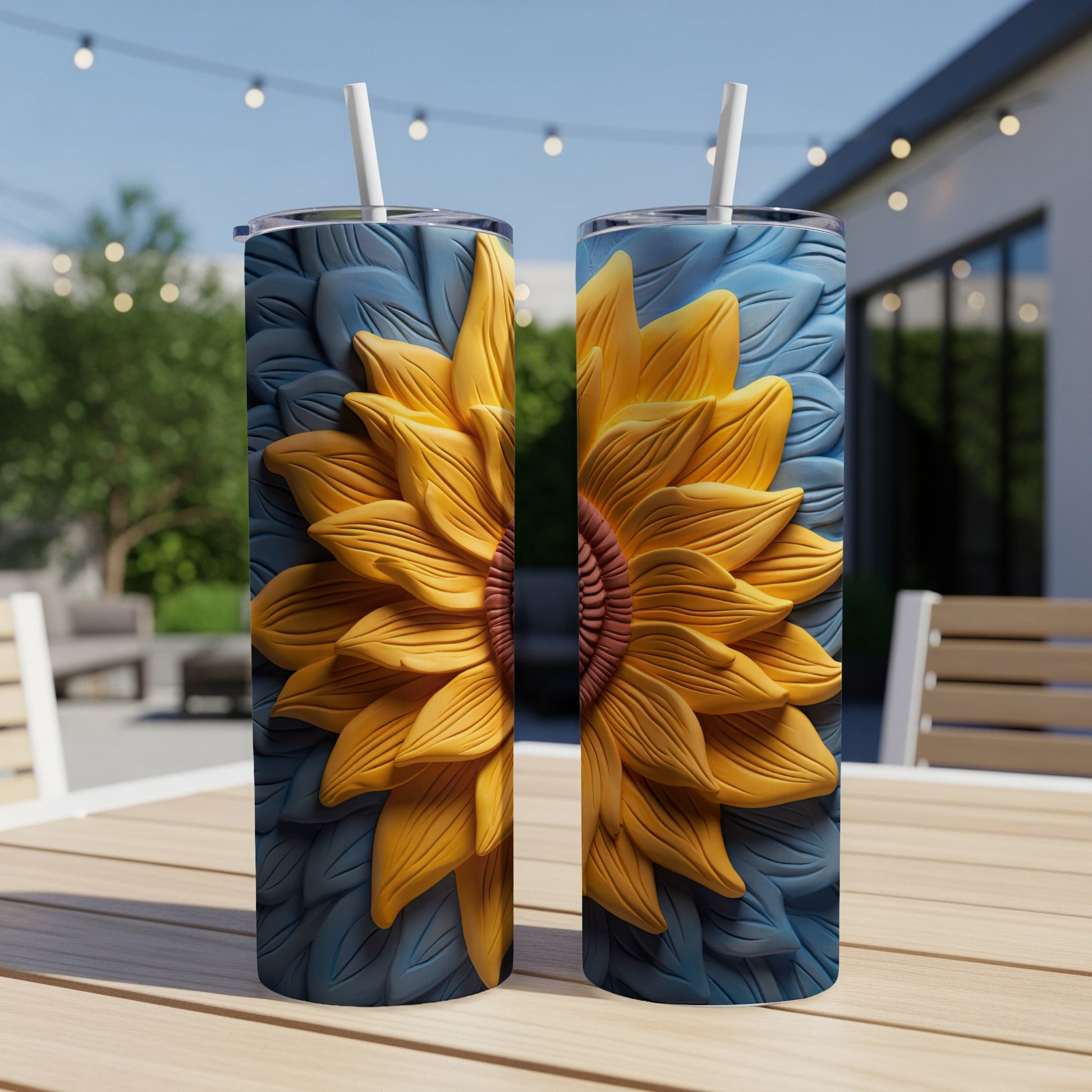 Two tumblers featuring a raised sunflower design on a textured background.