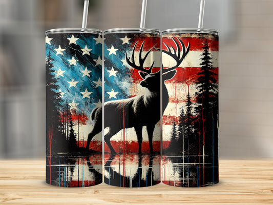 American Flag Deer Forest Themed Tumbler