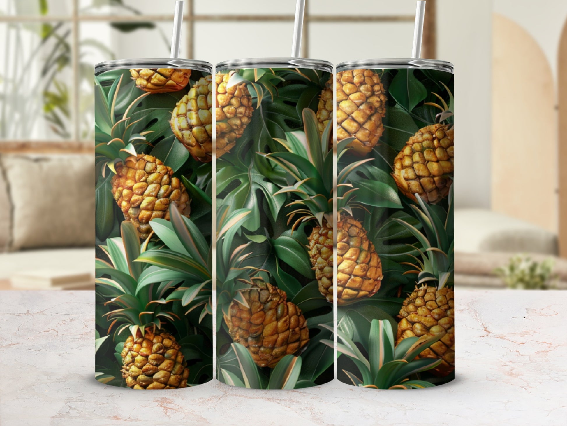 Pineapples and lush green leaves on a patterned tumbler.