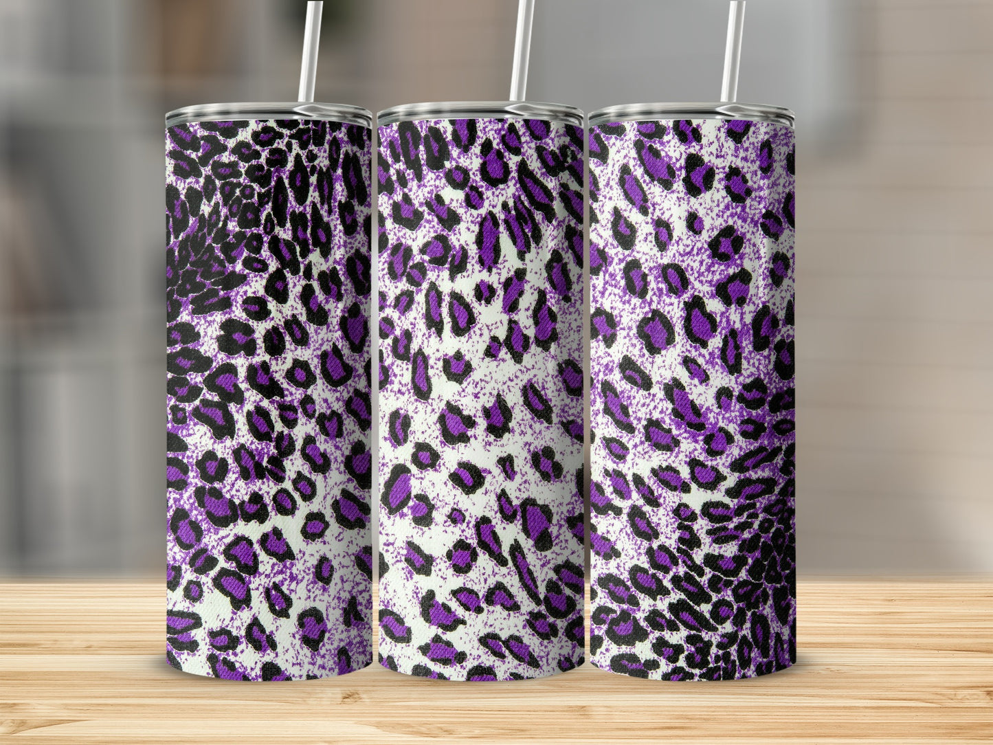 Purple and Black Leopard Print Tumbler with Straw