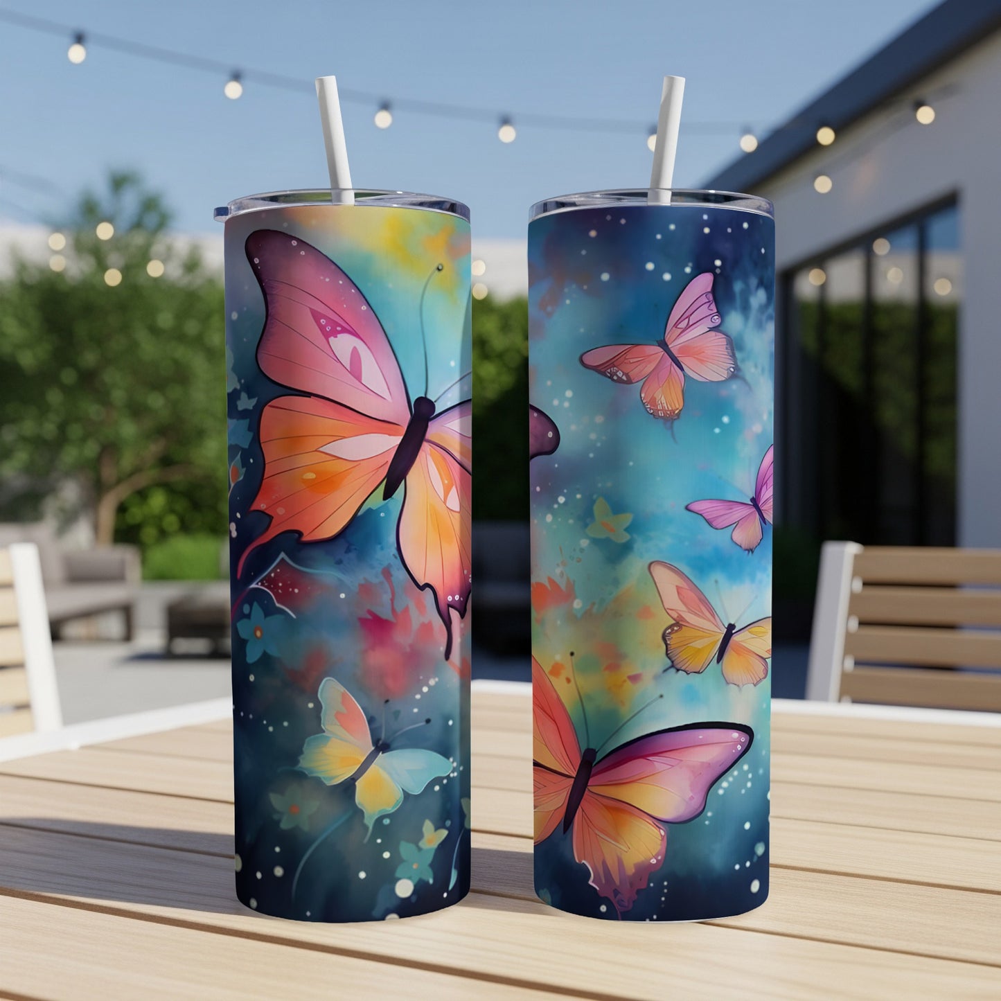 Two colorful tumblers with a watercolor butterfly design on a table.
