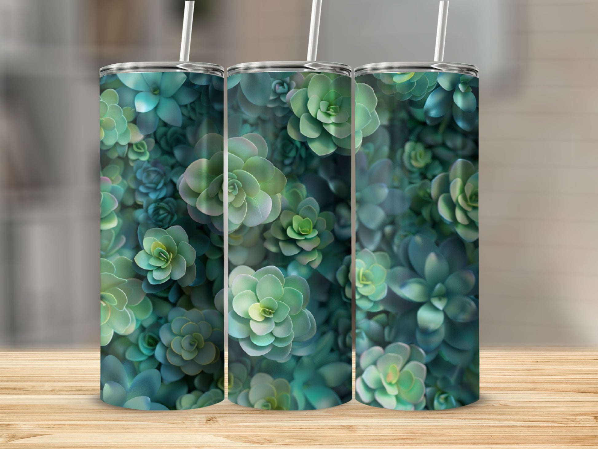 Green and blue succulents cover a tall, cylindrical tumbler with a straw.
