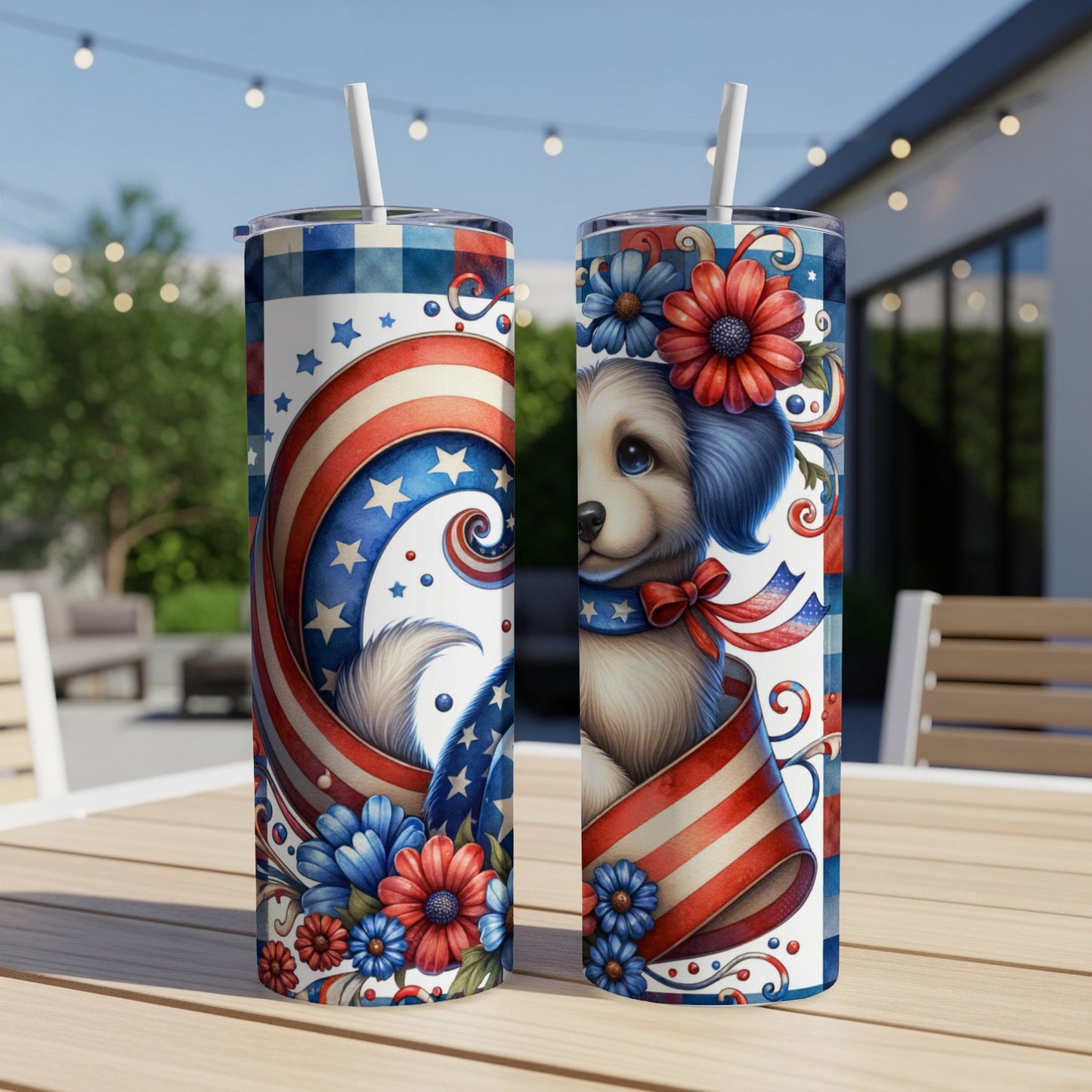 Patriotic dog with stars, stripes, and flowers on a tumbler.