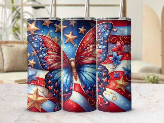 Patriotic butterfly tumbler with stars and red and blue stripes.
