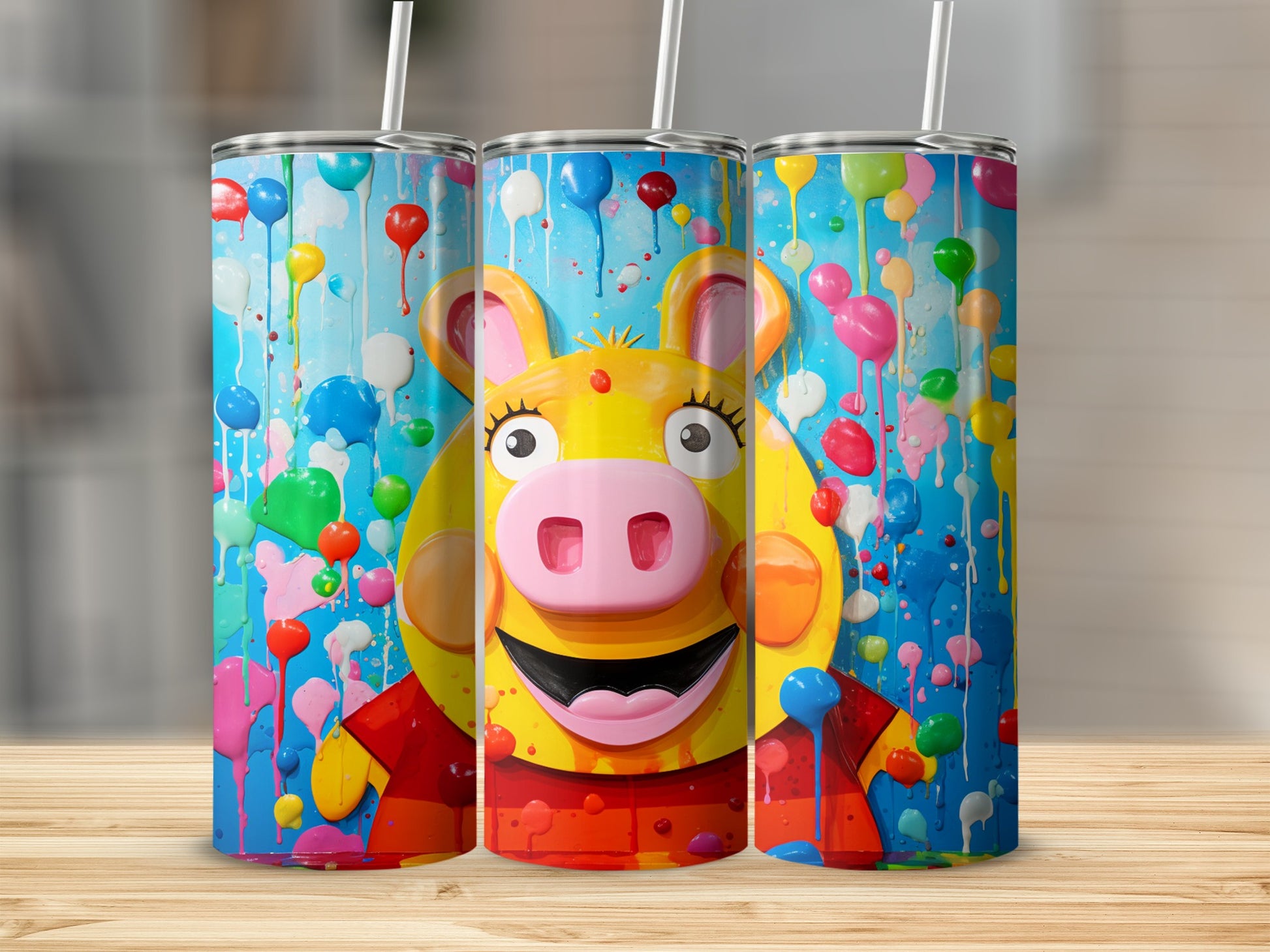 Colorful Cartoon Pig and Balloons Travel Tumbler Flask