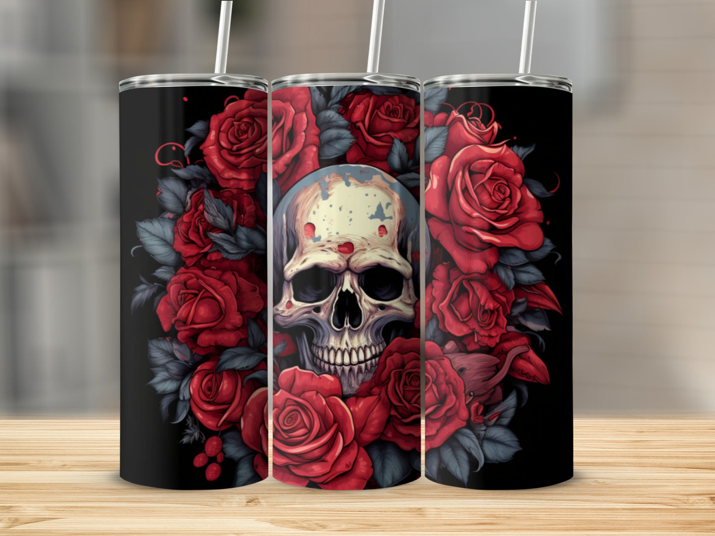 Artistic Skull with Red Roses Design Tumbler
