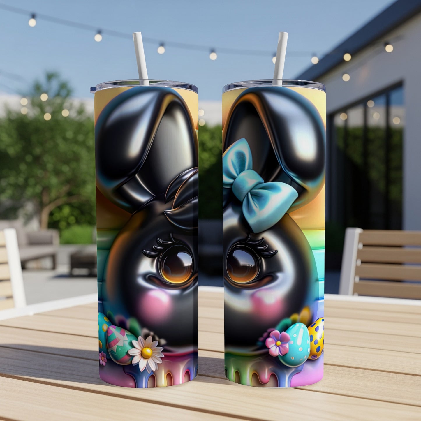 Black bunny tumbler with blue bow, Easter eggs, and rainbow colors.