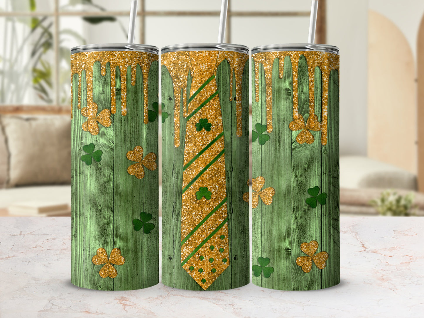 Three tumblers with green wood texture, gold glitter drip, and shamrock tie pattern.