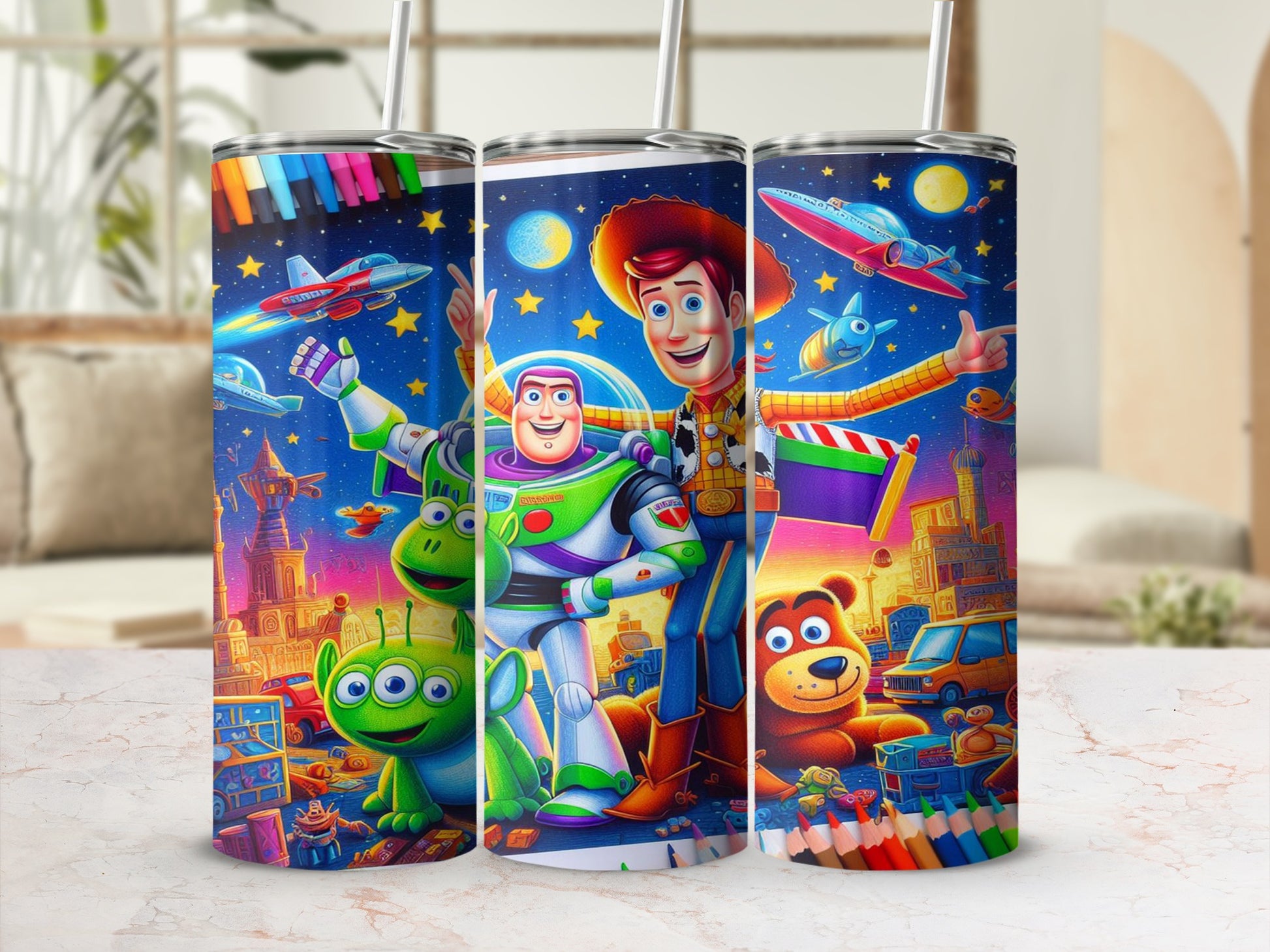 Buzz Lightyear, Woody, and Alien from Toy Story on a tumbler with colored pencils.