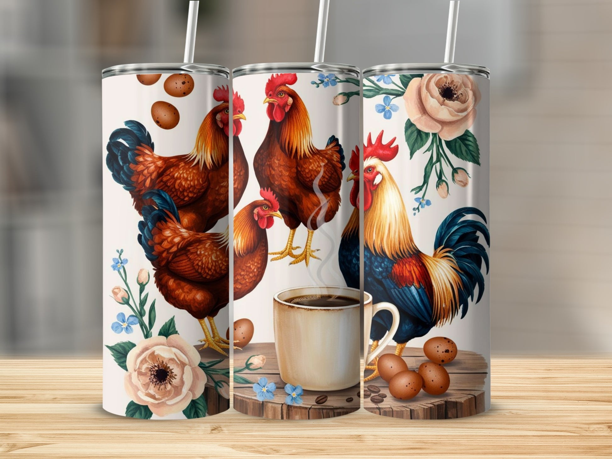Colorful Rooster and Floral Design Insulated Tumbler