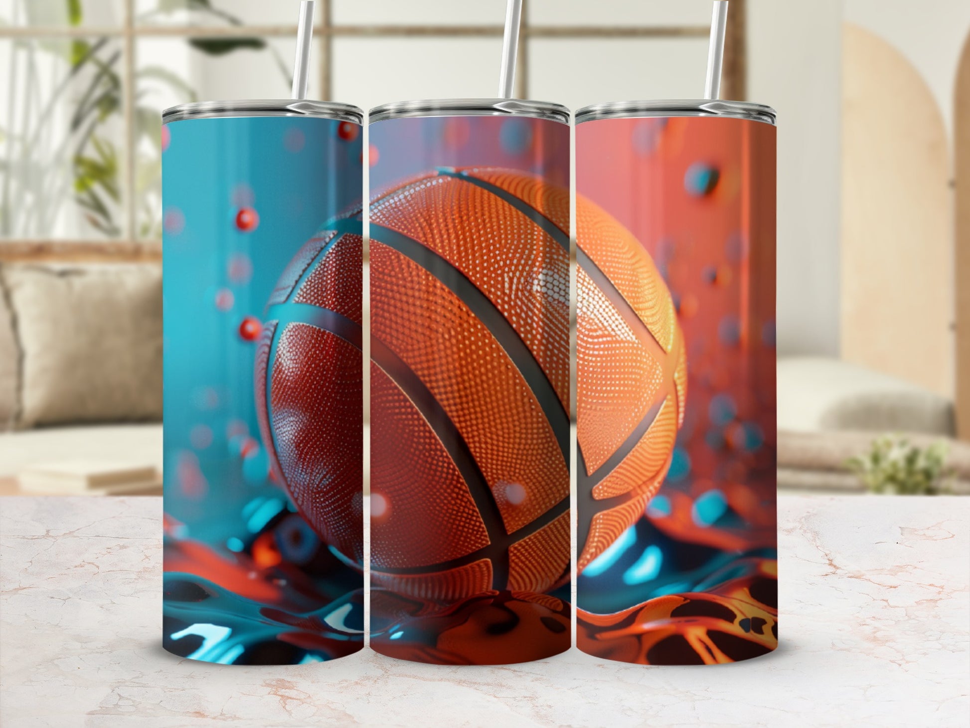 Three tumblers with a basketball design on a marbled surface.