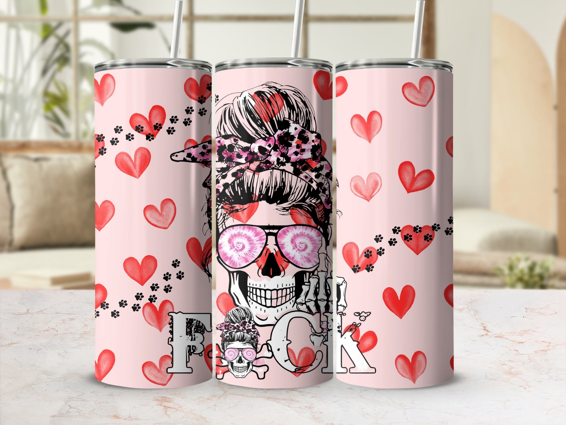 Pink Heart Skulls Paw Prints Rock Pattern Tumbler