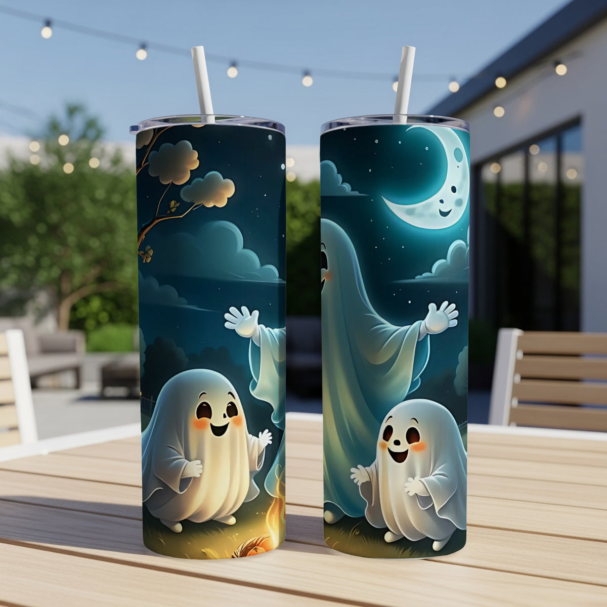 Two tumblers featuring cute ghosts and a crescent moon with a face.