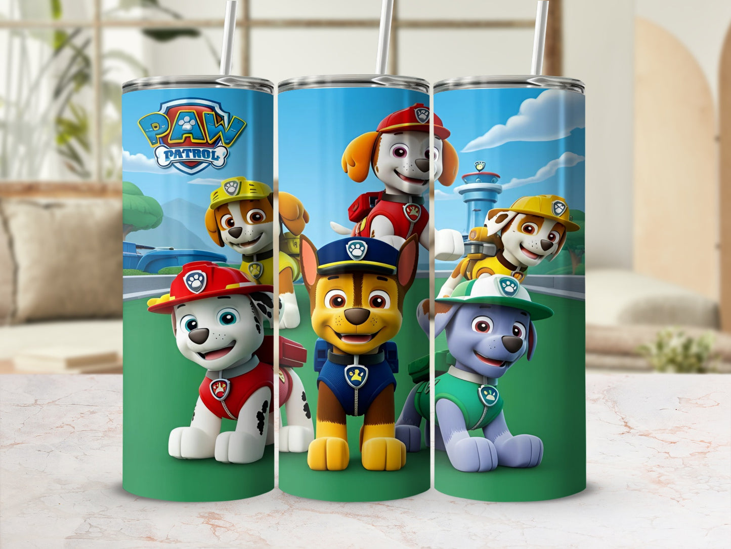 Paw Patrol characters Chase, Marshall, Rubble, and Skye on a blue background.